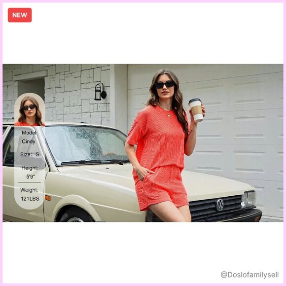 Oversized Ribbed Knit Lounge Set Short Sleeve Top Matching Shorts Y2K - Picture 7 of 8